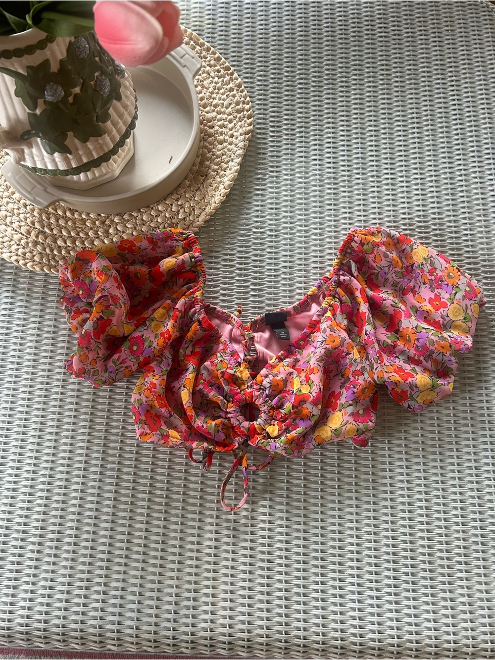 wild fable Pink Floral Tie-Front Puff Sleeve Crop Top
